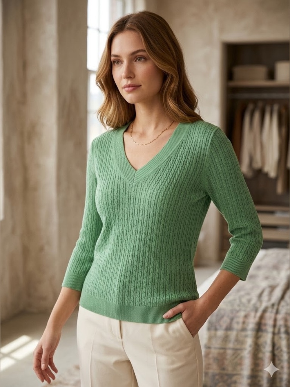 Anne Klein Sport Cable Knit V-Neck Sweater